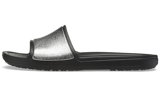 Crocs (WMNS) Sloane Shine Low Slide Flat Casual Schwarz Silber Hausschuhe „Black Silver“ 206921-001 Crocs (WMNS) Sloane Shine Low Slide Flat Casual Schwarz Silber Hausschuhe „Black Silver“ 206921-001