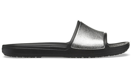 Crocs (WMNS) Sloane Shine Low Slide Flat Casual Schwarz Silber Hausschuhe „Black Silver“ 206921-001 Crocs (WMNS) Sloane Shine Low Slide Flat Casual Schwarz Silber Hausschuhe „Black Silver“ 206921-001