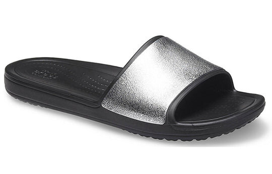 Crocs (WMNS) Sloane Shine Low Slide Flat Casual Schwarz Silber Hausschuhe „Black Silver“ 206921-001 Crocs (WMNS) Sloane Shine Low Slide Flat Casual Schwarz Silber Hausschuhe „Black Silver“ 206921-001