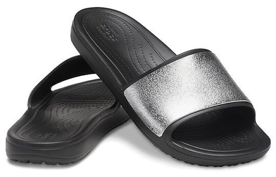 Crocs (WMNS) Sloane Shine Low Slide Flat Casual Schwarz Silber Hausschuhe „Black Silver“ 206921-001 Crocs (WMNS) Sloane Shine Low Slide Flat Casual Schwarz Silber Hausschuhe „Black Silver“ 206921-001