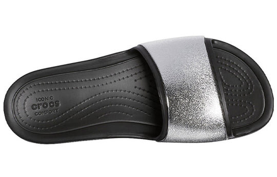 Crocs (WMNS) Sloane Shine Low Slide Flat Casual Schwarz Silber Hausschuhe „Black Silver“ 206921-001 Crocs (WMNS) Sloane Shine Low Slide Flat Casual Schwarz Silber Hausschuhe „Black Silver“ 206921-001